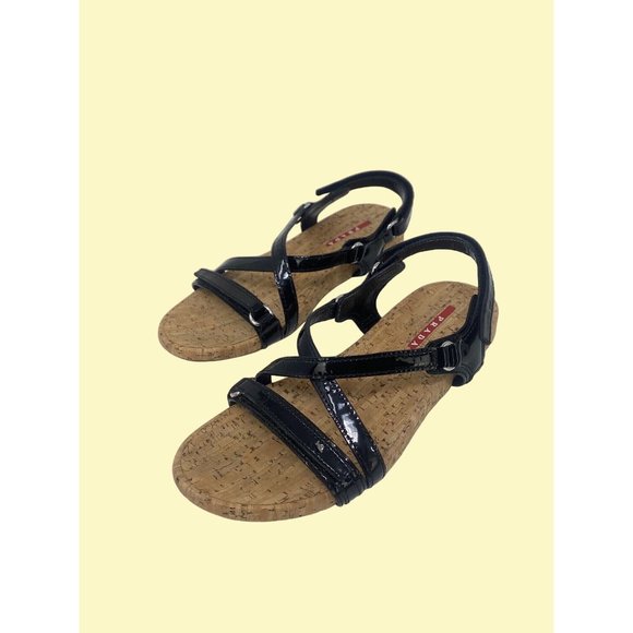 Prada Black Patent Leather Cork Sandals - Picture 1 of 9